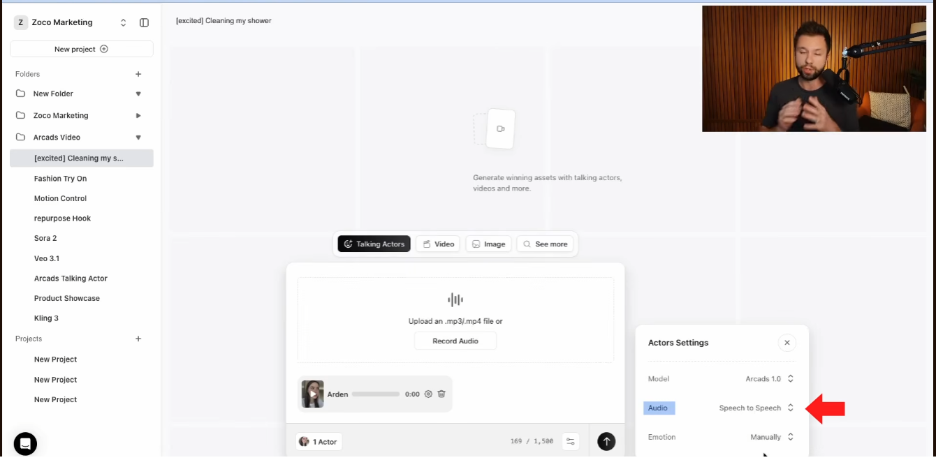 Arcads Talking Actor settings with Speech to Speech selected and controls to upload or record audio